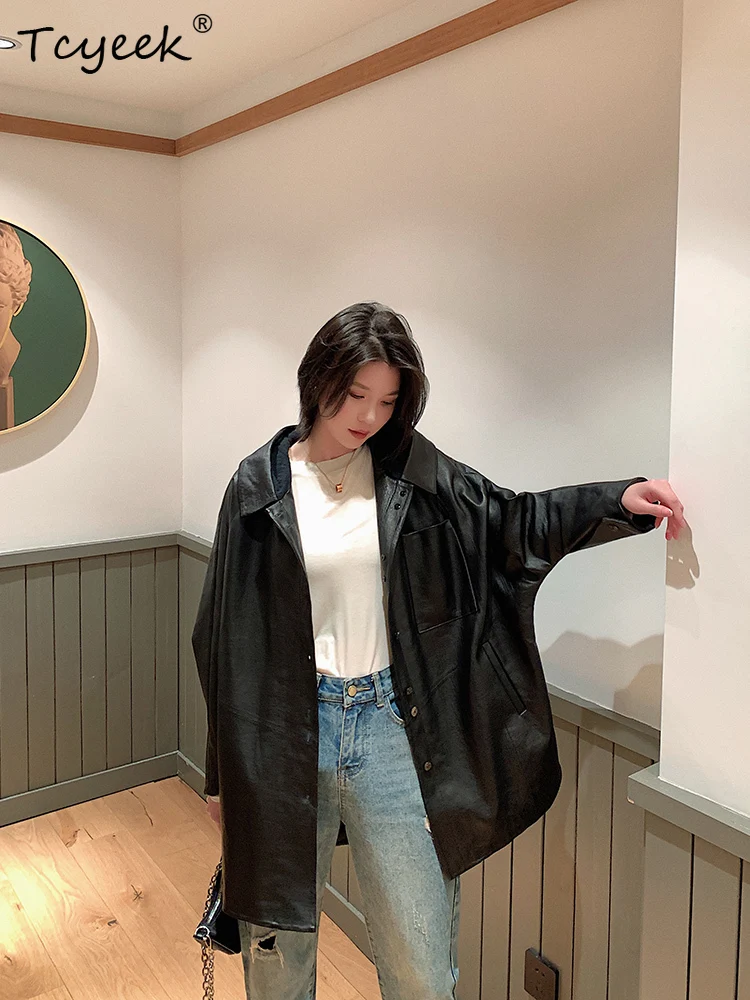 Tcyeek piel de oveja auténtica primavera otoño moda cuello cuadrado negro con capucha longitud media chaqueta de cuero genuino para mujer chaqueta Couro