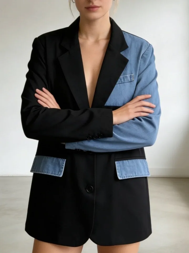 

Color Blo Denim Jaet Women's Loose Straight Cut Design Sense Elegance Two Buttoned Western Sle Top Trendy Outerwear