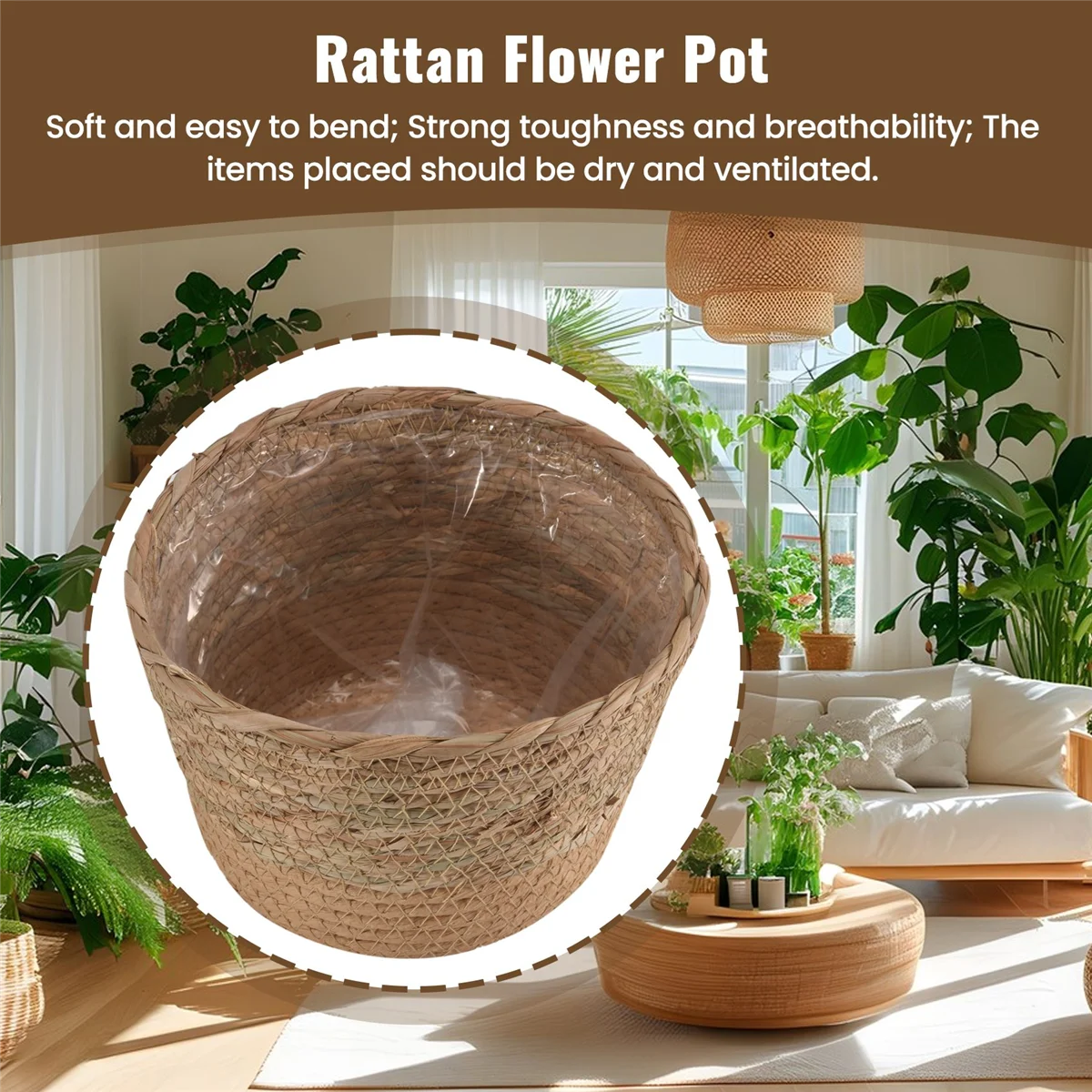 

ABXY Straw Weaving Flower Plant Pot Wicker Basket Rattan Flowerpot Storage Basket Handmade Woven Planter Basket M