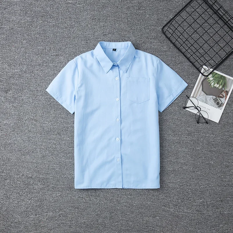 Uniforme escolar azul céu para meninos e meninas, tops de manga curta, camisa de algodão para homens e mulheres, traje de trabalho, uniforme de trabalho