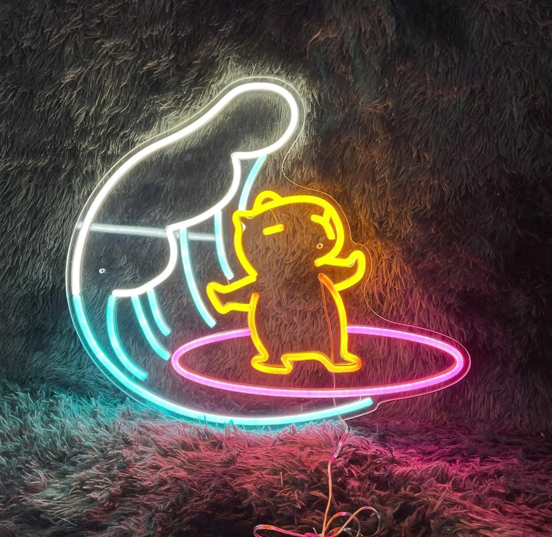 

Surfing Capybara Neon Sign Wall Hanging Aesthetics Blue Wave Beach Bar Club Open Sign Funny Animal Neon
