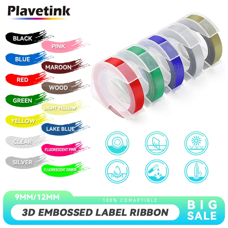 

PLAVETINK 9/12mm*3m 3D Embossing Label Tapes Compatible for Dymo 1610 1880 12965 Manual Labeller for Motex E101 Label Makers