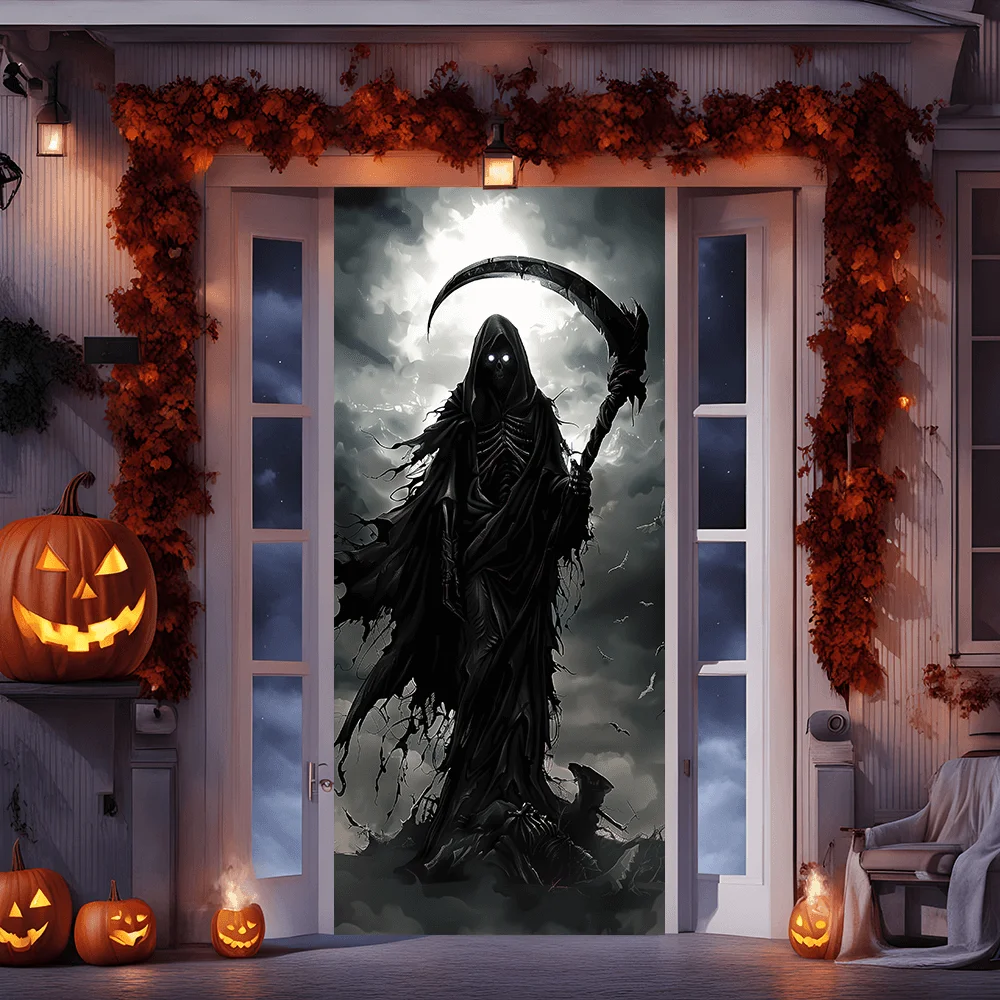 Le Grim Reaper tient un rideau en forme de faucille - une décoration d'Halloween terrifiante pour l'intérieur et l'extérieur, en polyester.