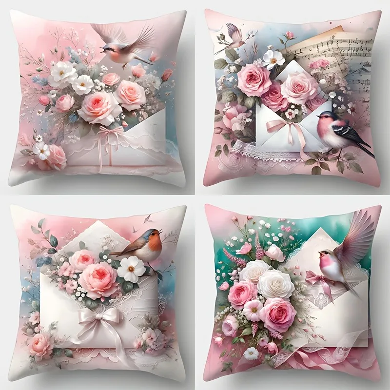 

Romantic Floral & Envelope Pillowcase: Blush Rose & Bird Pattern Cushion Cover for Elegant Sofa Bedroom Home Decor