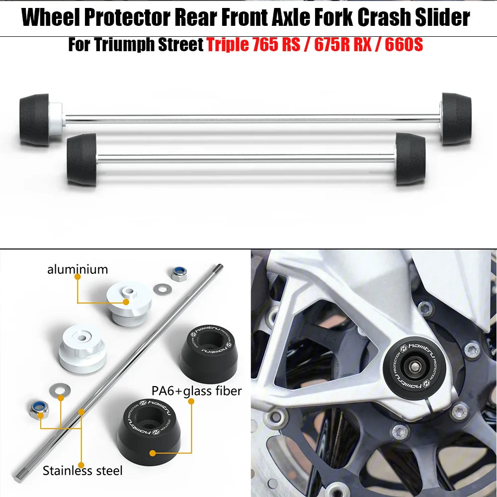 

Motorcycle Wheel Protector Rear Front Axle Fork Crash Slider For Street Triple 765 R S RS / 675R RX / 660S 2007-2023