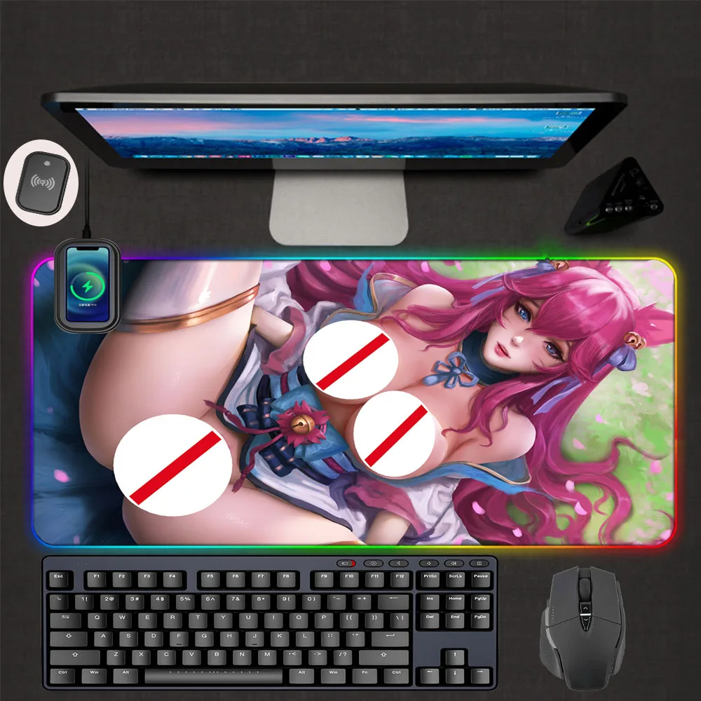 

Sexy Foxgirl RGB LED Mouse Pad League of Legends Charger Wireless Charging Pad Gamer TypeC Gaming Accessories Gaming Mouse Pads