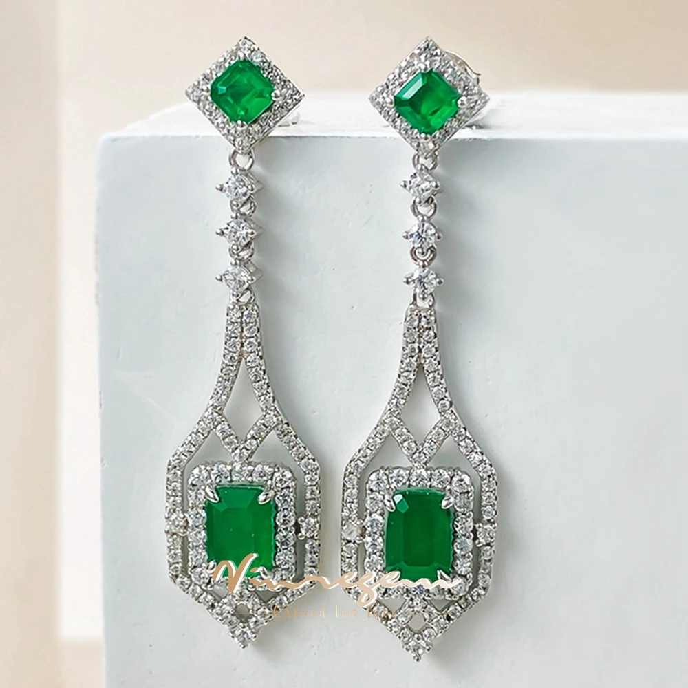 

Vinregem 5*7 MM 1CT Emerald High Carbon Diamonds Gemstone Drop Earrings for Women Vintage 100% 925 Sterling Silver Fine Jewelry