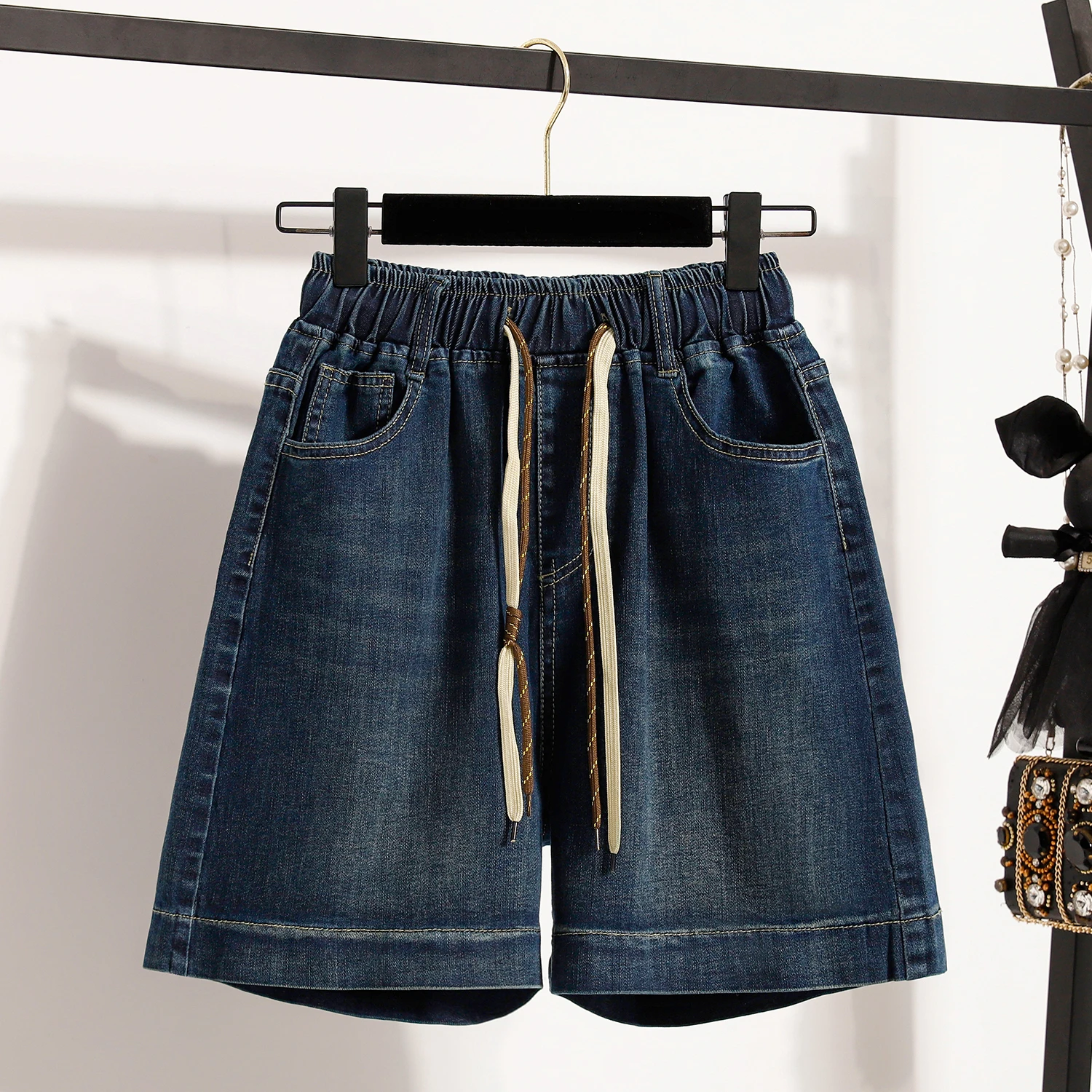 M-3LXL femmes String Denim Shorts taille élastique jambe large bleu jean court Simple basique femme été tenues quotidiennes pantalons courts