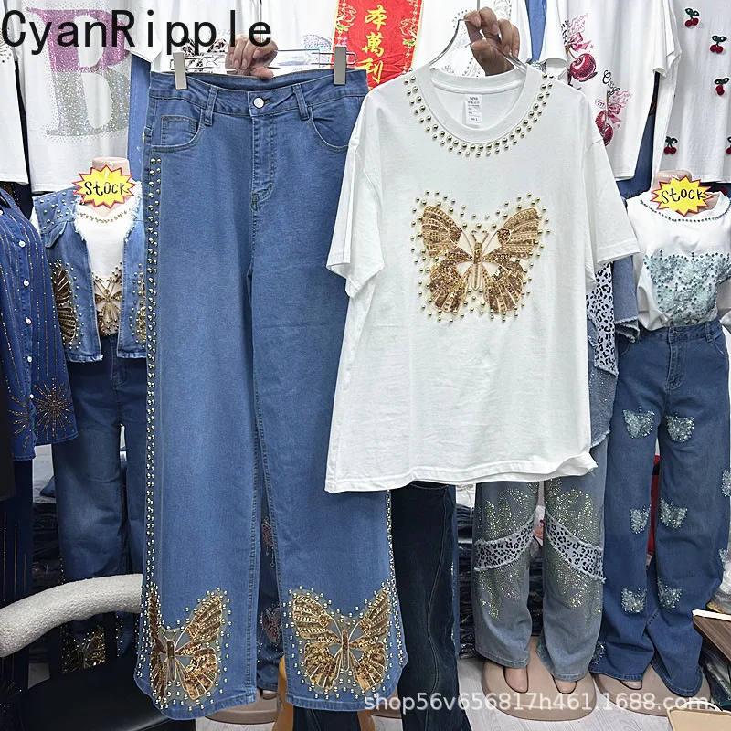 

Trendy New Summer Women Two-piece Set Gold Butterfly Diamonds Beads White Loose T-shirt Top + High Waist Casual Straight Jeans