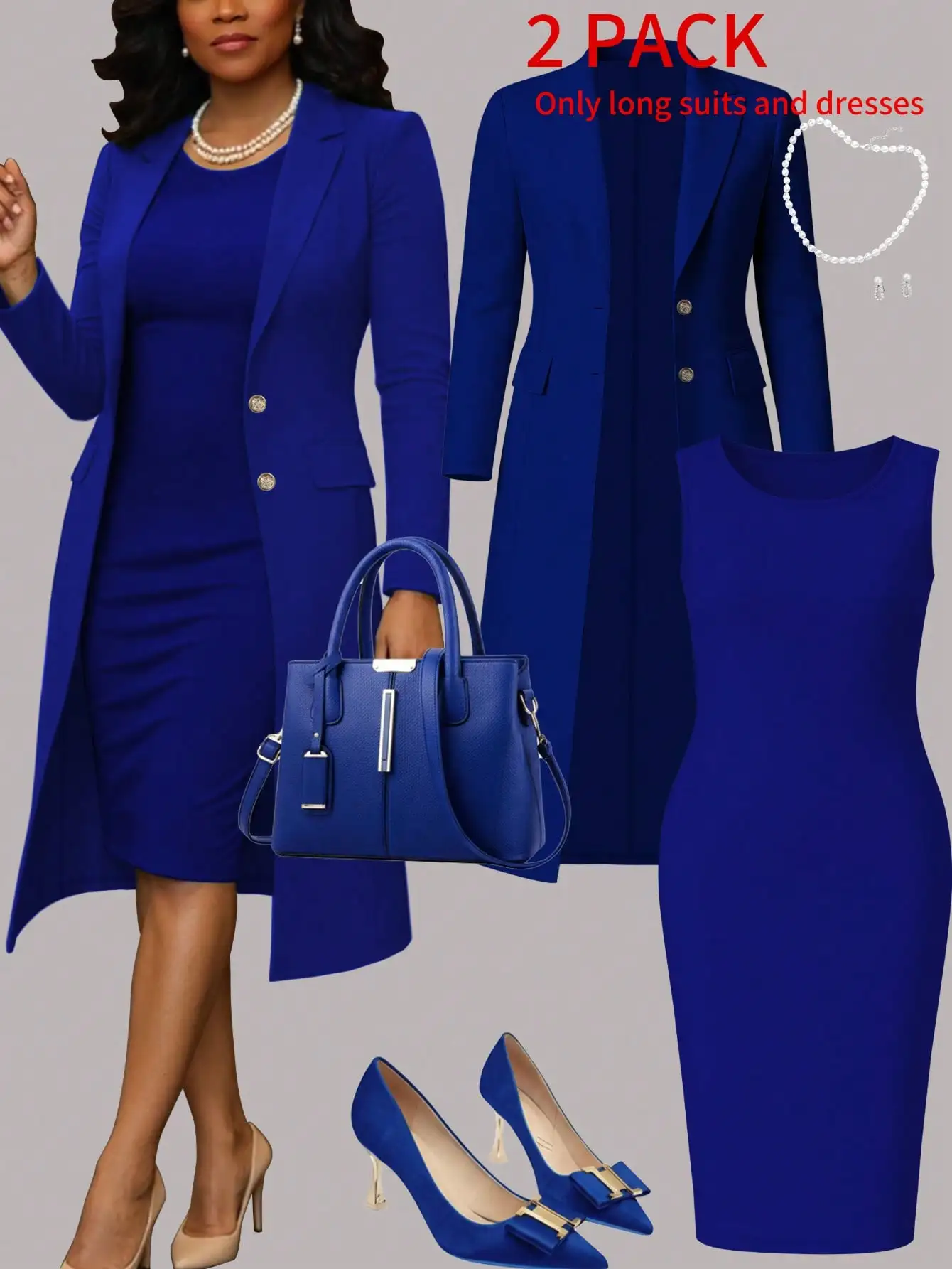 

Women's Royal Blue 2-Piece Set: Long Blazer Jacket + Sleeveless Midi Dress