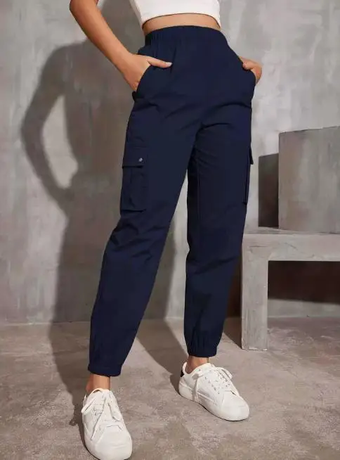 

Solid Color High Waisted Multi Pocket Design Slim Fit Ankle Pants for Women, Trendy, Personalized and Fashionable Work Pants