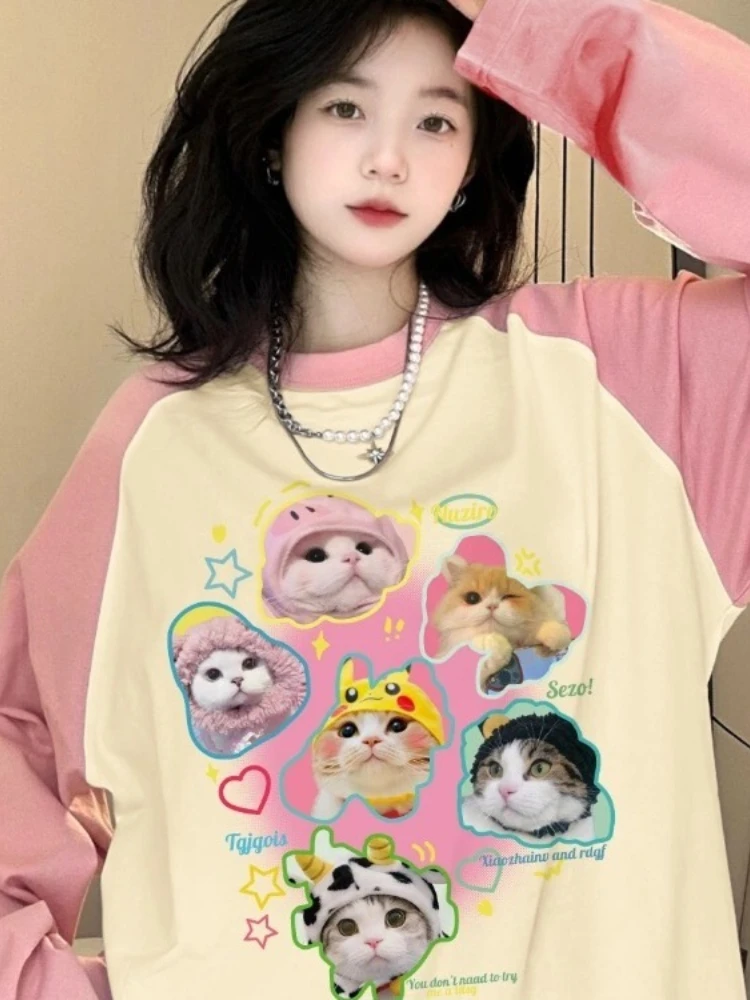 American Fashion Y2k T Shirts Cartoon Print Long Sleeve Aesthetics Tops Tees Spring Casual Loose Preppy Style Girl Clothing 2024