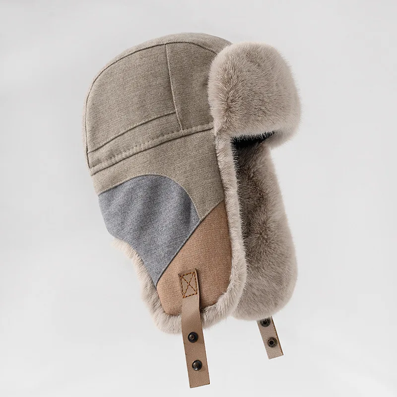 Russian Hat For Men Earflap Pilot Hat Winter Korean Splicing Faux Rabbit Ushak Bomber Trapper Thickened Warm Cap Women's Ski Cap