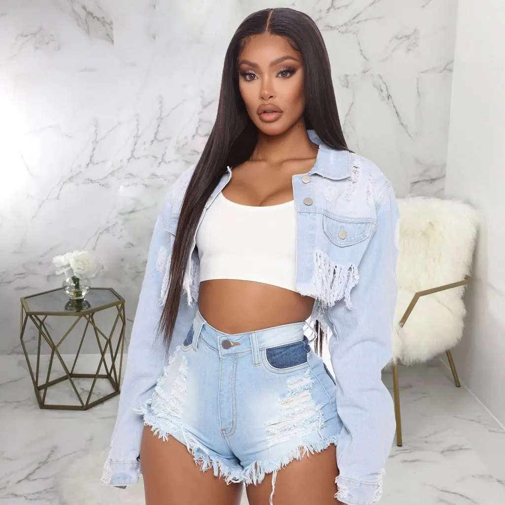 

SMR9828 Women's Slim Fit Denim Jacket Sexy Fashion Short Top for European And American Markets