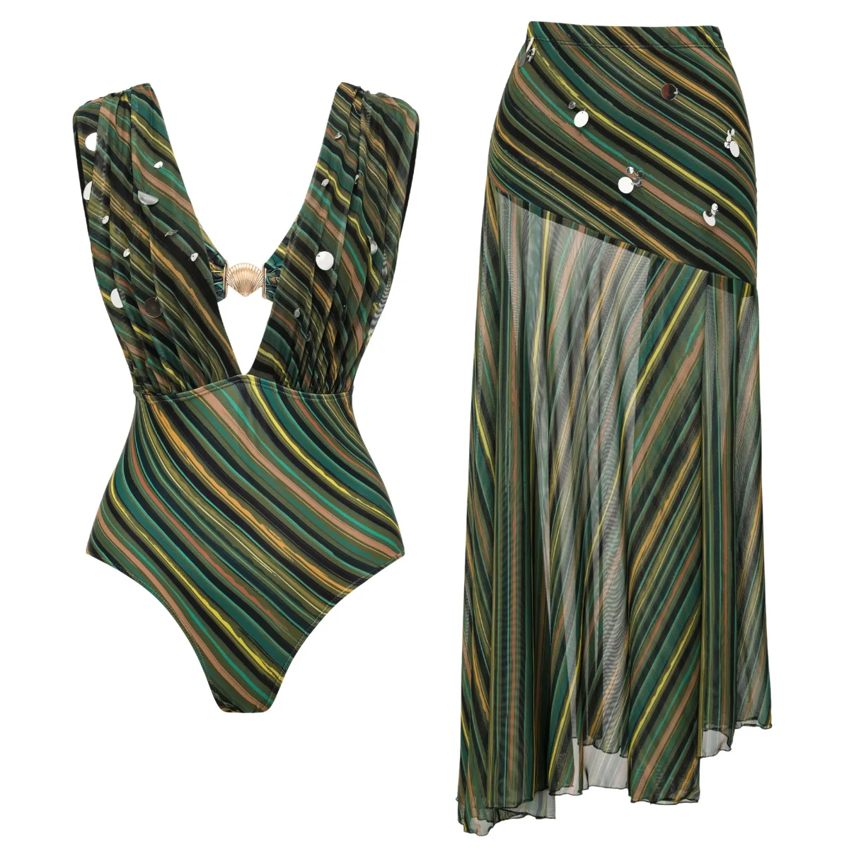 One Piece Swimsuit For Women European And American Swimwear Two-piece Contrasting Striped Sequined Decorative One-piece Swimsuit