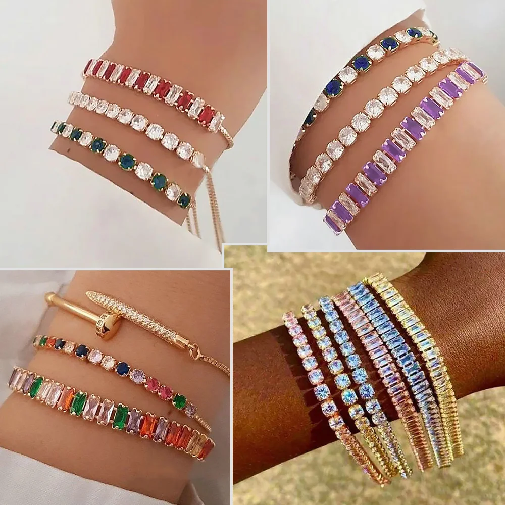 قابل للتعديل كريستال تنس أساور للنساء الرجال الملونة الزركون للطي مشبك سلسلة الإسورة على اليد حزب مثير موضة مجوهرات