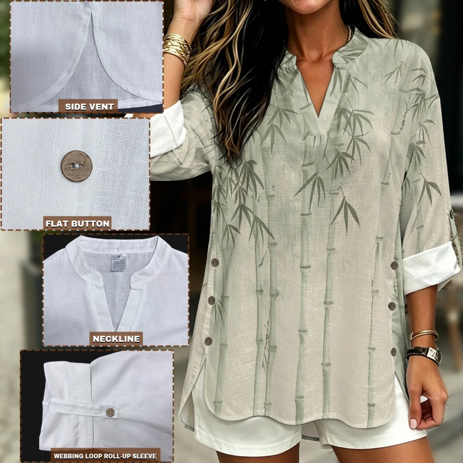INSTANTARTS Women'S Linen V-Neck Shirt Breathable Long-Sleeved Top Blouse Roll-Up Cuff Lightweight Comfortable Soft Retro Bamboo view 5