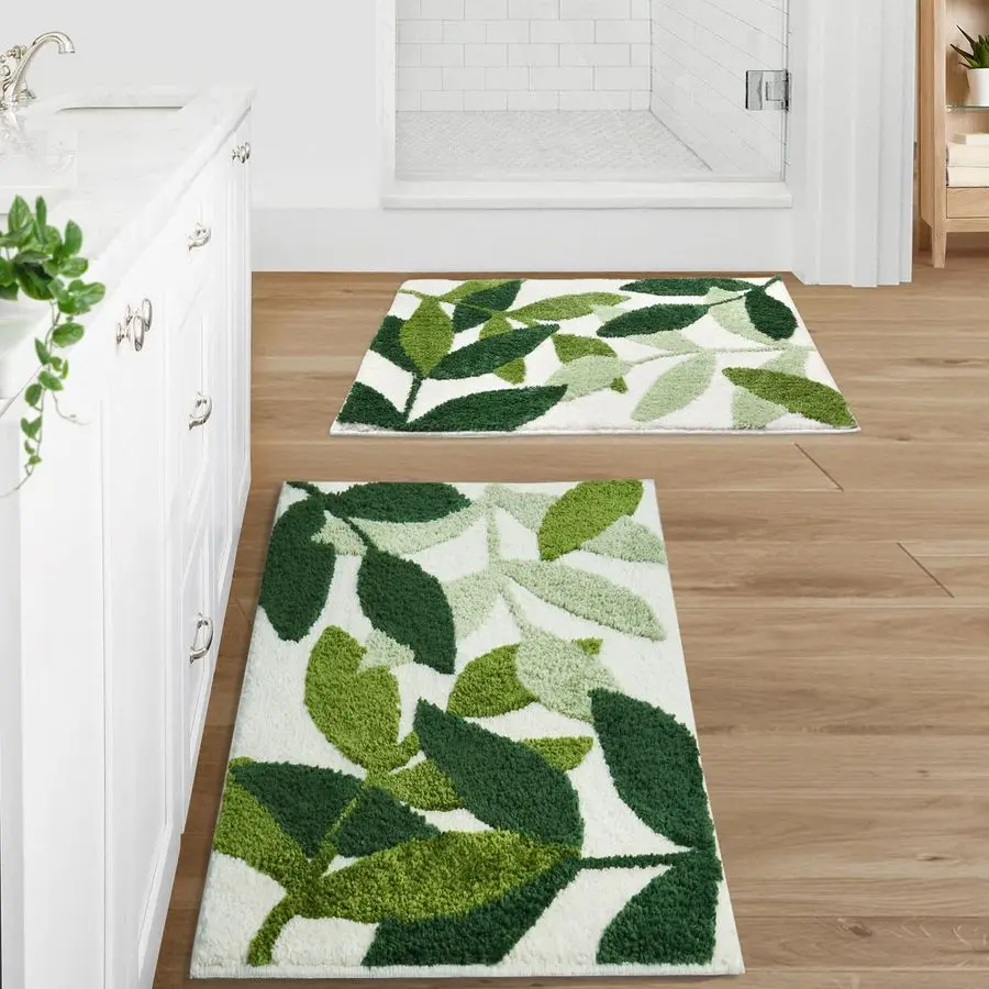 

Green Bathroom Rug Set 2 Piece, NonSlip Strong Water Absorbent Plush Microfiber Bath Mat Rug Set, Machine Washable Bathroom Floo