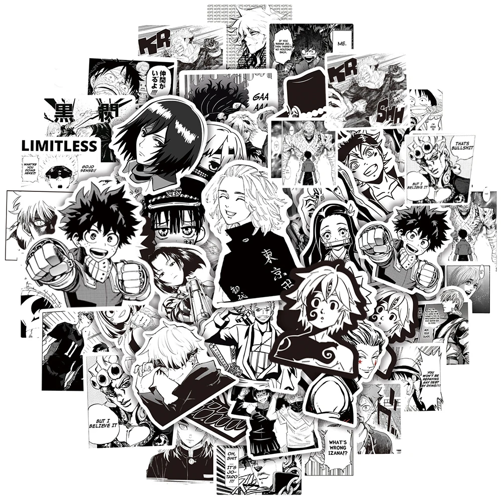 10/30/50pcs Black White Mix Anime Stickers Cool Japanese Manga Graffiti Decals DIY Laptop Phone Suitcase Car Decals for Kids Toy