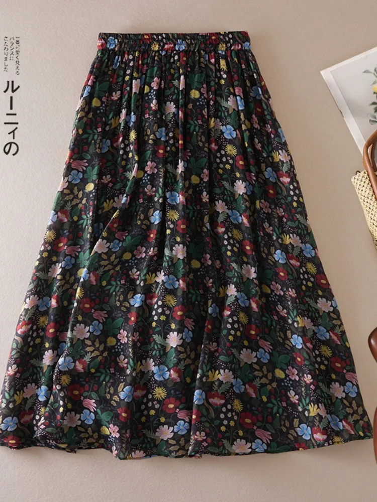 Retro Silk Print Double Layer Cotton Linen High Waist A-Line Midi Skirt Women Spring Large Swing Long Skirt Loose Fit Gauze