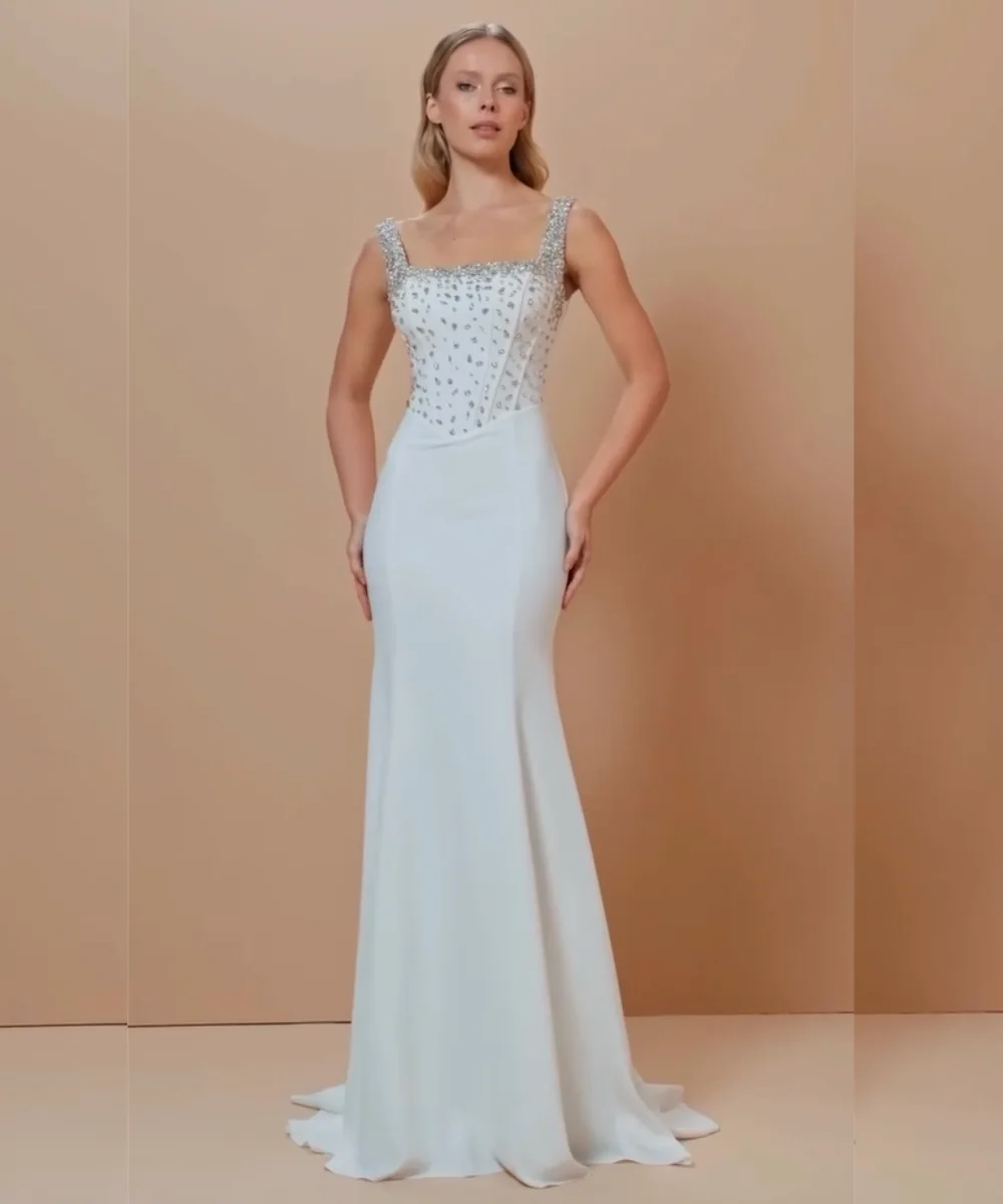 

Customized Exquisite Jersey Pleat Sequined Mermaid Square Neck Long Bespoke Occasion Evening Dresses High Quality