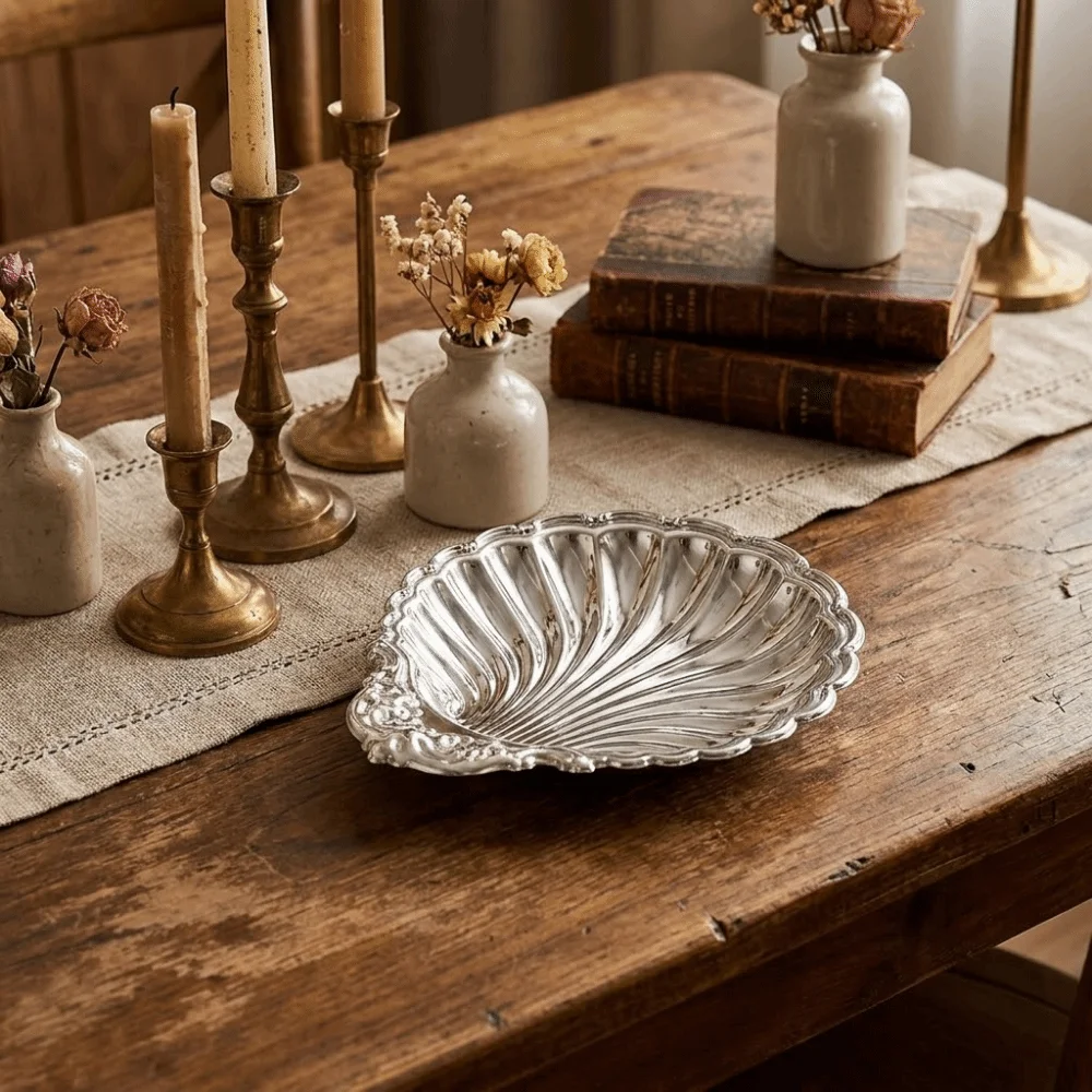 Vintage Dessert Plate Silver Color Shell Shape Embossed Food Tray Embossed Details Decorative Shell Shaped Dish Home Decoration