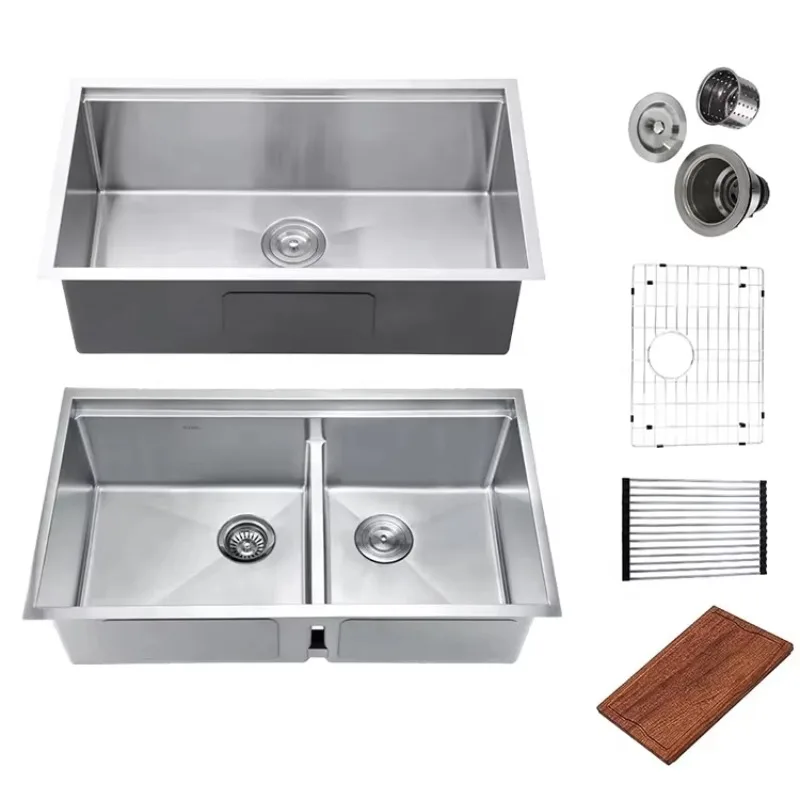 

Большая кухонная раковина из нержавеющей стали с двумя отсеками, низким разделителем, глубоким дном и рабочей станцией