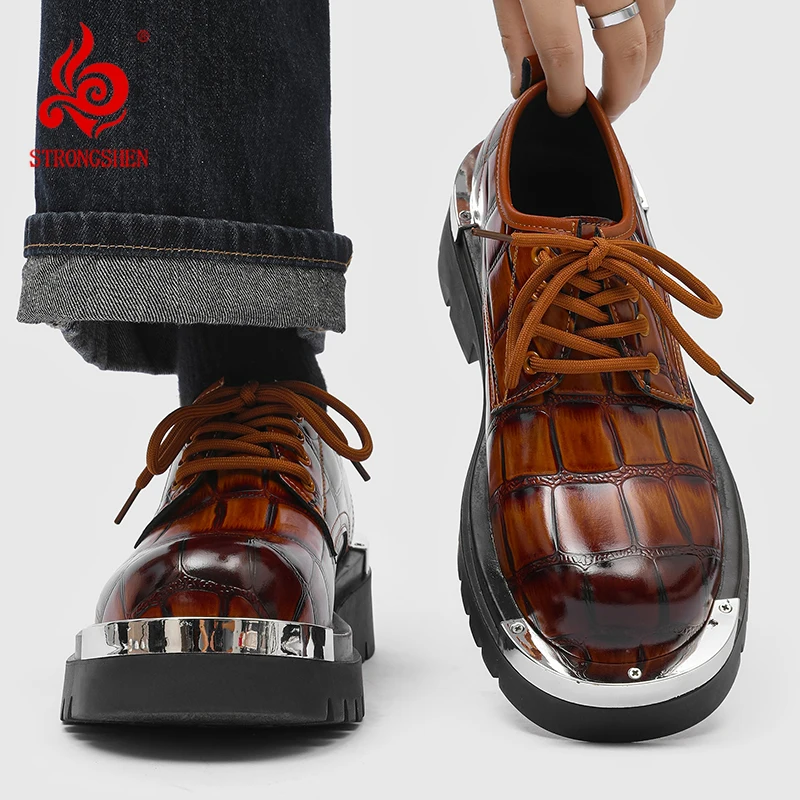 

New Designer Platform Men's Leather Dress Shoes Fashion Business Formal Lace-Up Thick Bottom Heightening Shoes Derby Men Shoes