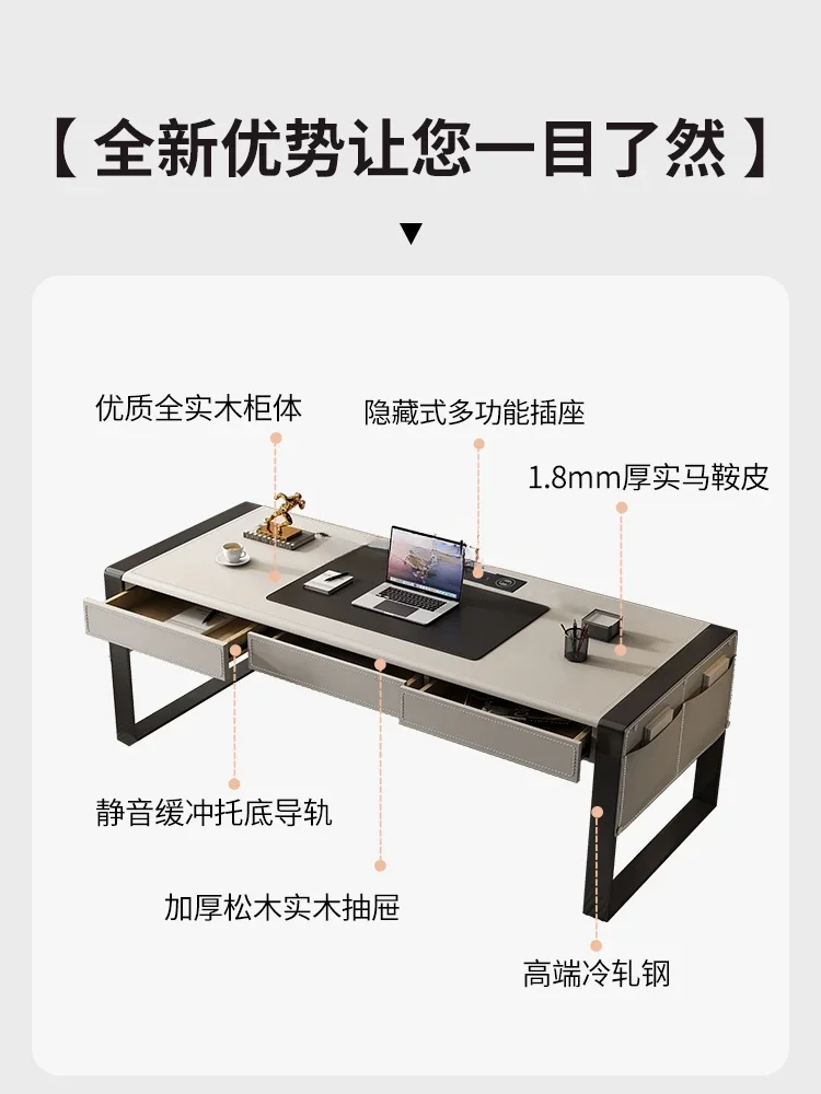 Saddle Leather Desk Home Study and Bedroom Writing Desk Computer Desk