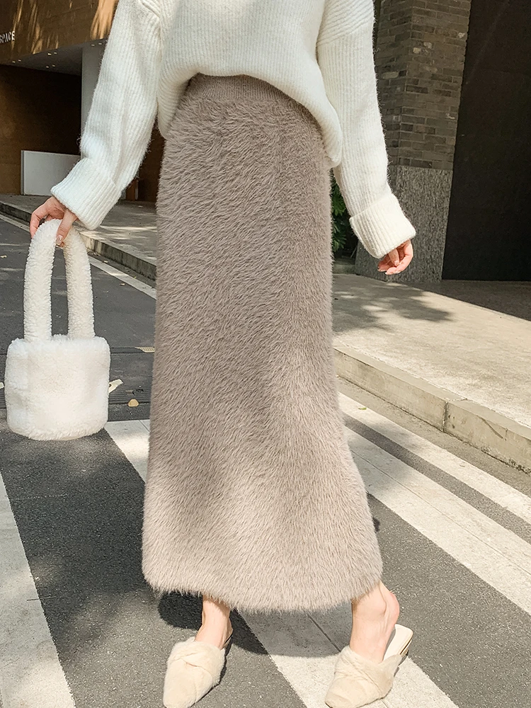 QOERLIN Imitation Mink Knitted Skirt Women Korean Fashion Tassel High Waist Long Skirts Elegant Slim Fur Skirts 2024 Fall Winter