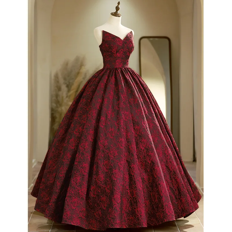 Strapless 2024 New Wine Red Prom Dresses Stain V-neck Flower Appliques Toasting Evening Dress Birthday Party Dress Vestidos