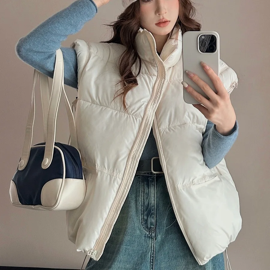 Stand Up Collar Cotton Vest Women's Short Candy Color Women's Sleeveless Vest Korean Version Waistcoat Looose Coat Jacket Women