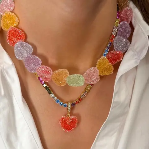 New Colorful Jelly Heart Necklaces for Women Sweet Gummy Resin Candy Charms Stack Jewelry Choker Necklace Gifts for Girls