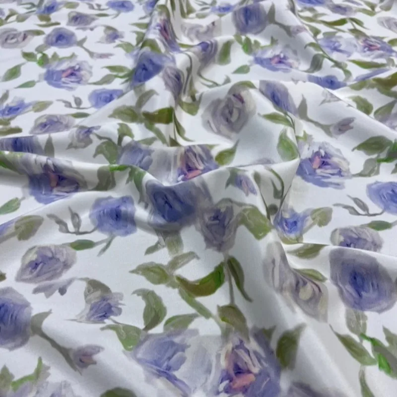 Thin White Silk Crepe de Chine Fabric with Blue Rose Printed Elastic Silk Fabric for DIY Sewing Summer Dress Pants Pajamas R2588