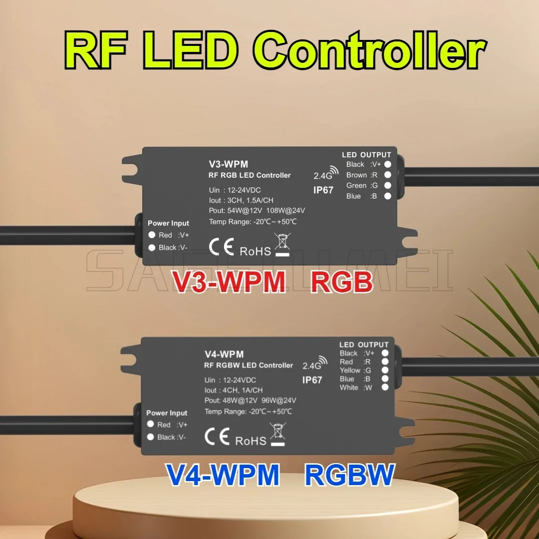 2-Button RGB/RGBW Controller V3-WPM 3CH*1.5A V4-WPM 4CH*1A Skydance IP67 Waterproof RF 2.4G DC12-24V Mini Controller Multi-zone