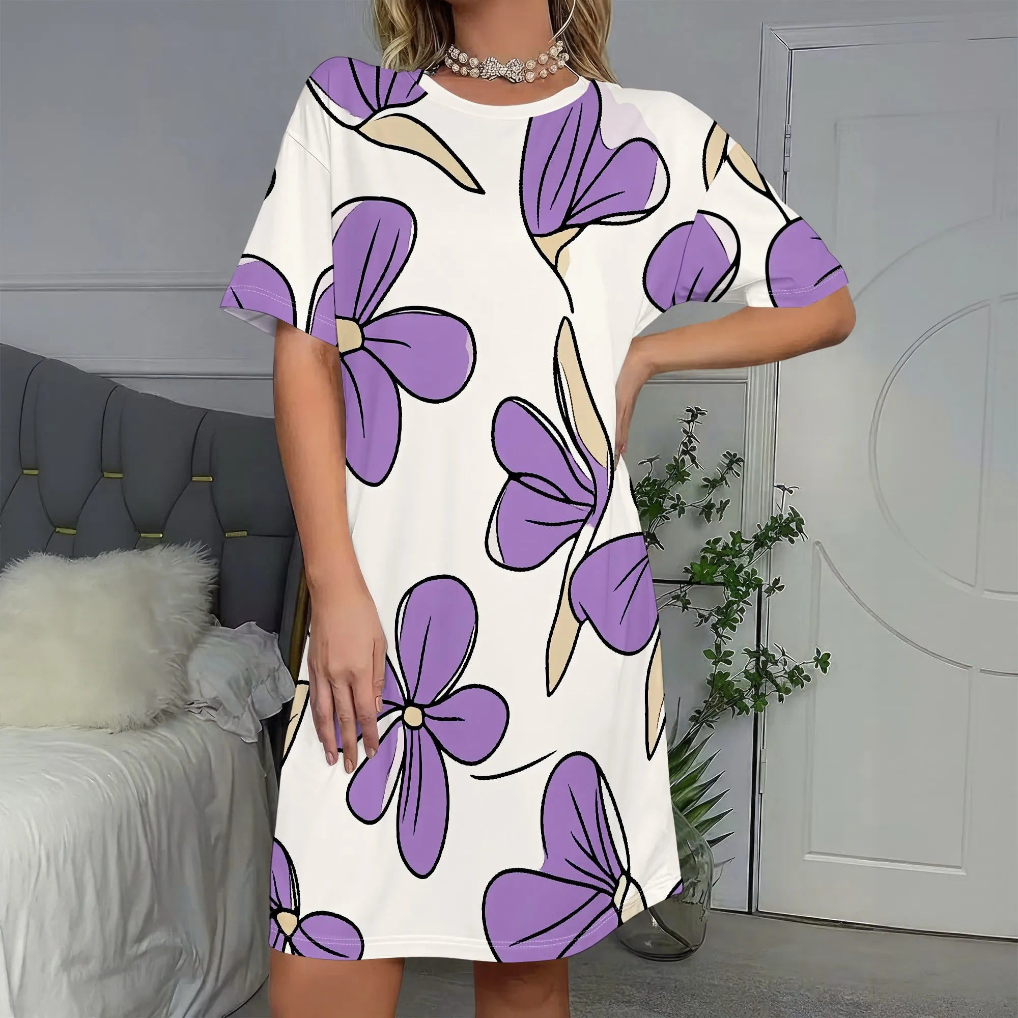 

Purple Floral Print, Short Sleeve Dress, Casual T-Shirt Dress, Summer Beach Wear, Women's Loose Fit S-2XL