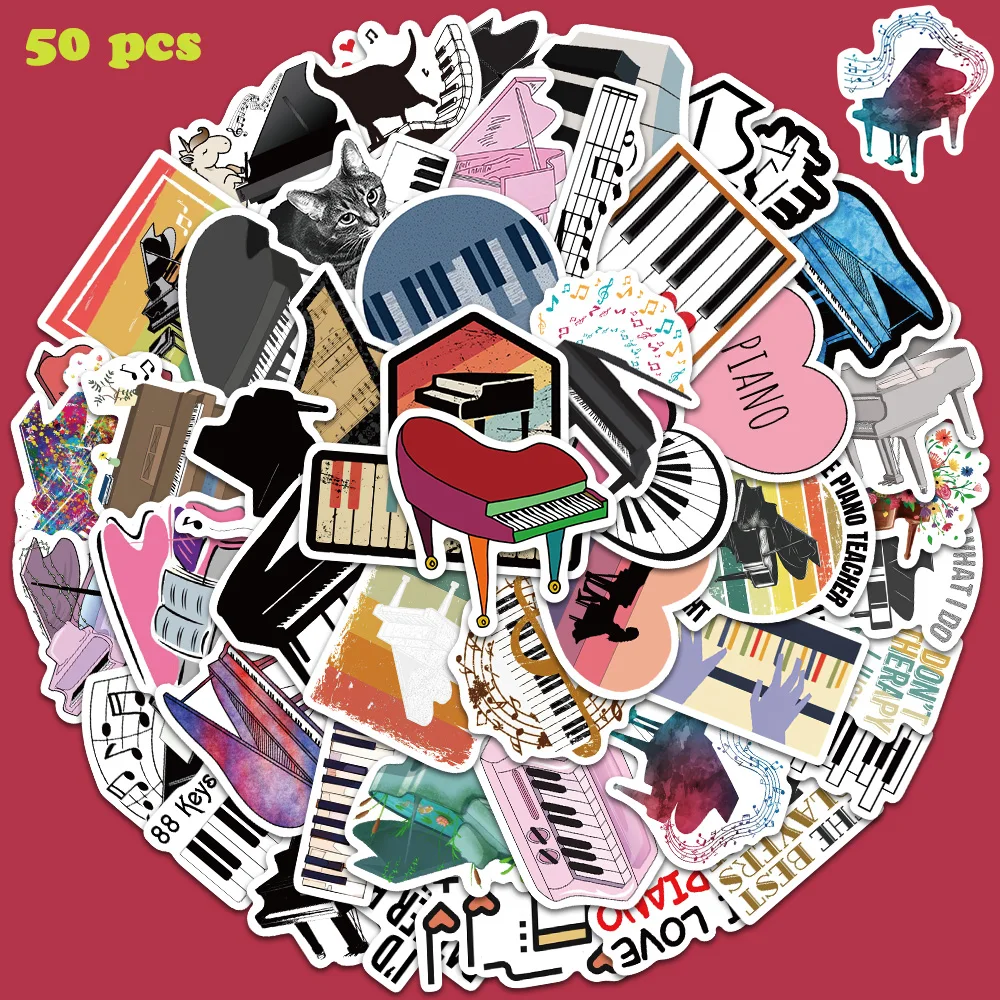 

50pcs Colorful Piano Graffiti Sticker For Phone Guitar Piano Skateboard Laptop Concert Decorative Sticker Holiday Party Gift