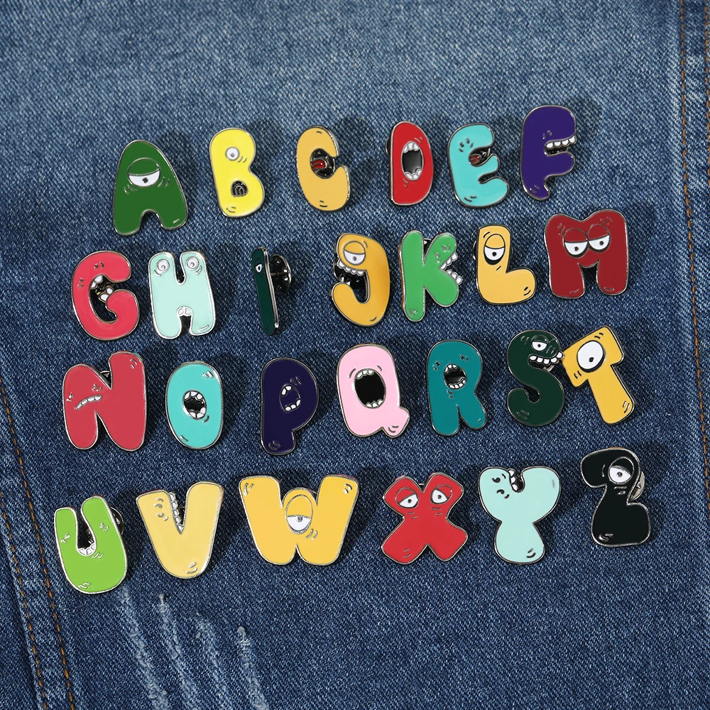 26Pcs/Set Cute Cartoon Figure Letters Enamel Pins Mouth Eye A-B-C-D-Q-S-Z Colorful Enamel Brooches Diy Jewelry