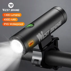 WEST BIKING 4500mAh Bike Light 1300LM Front Lights USB Rechargeable LED Bicycle Flashlight Waterproof Headlight Bike Accessories