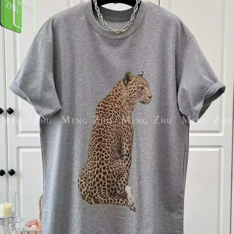 

Men's Oversized Grey Leopard Print T-Shirt Short Sleeve Casual Cotton Tee Streetwear Top