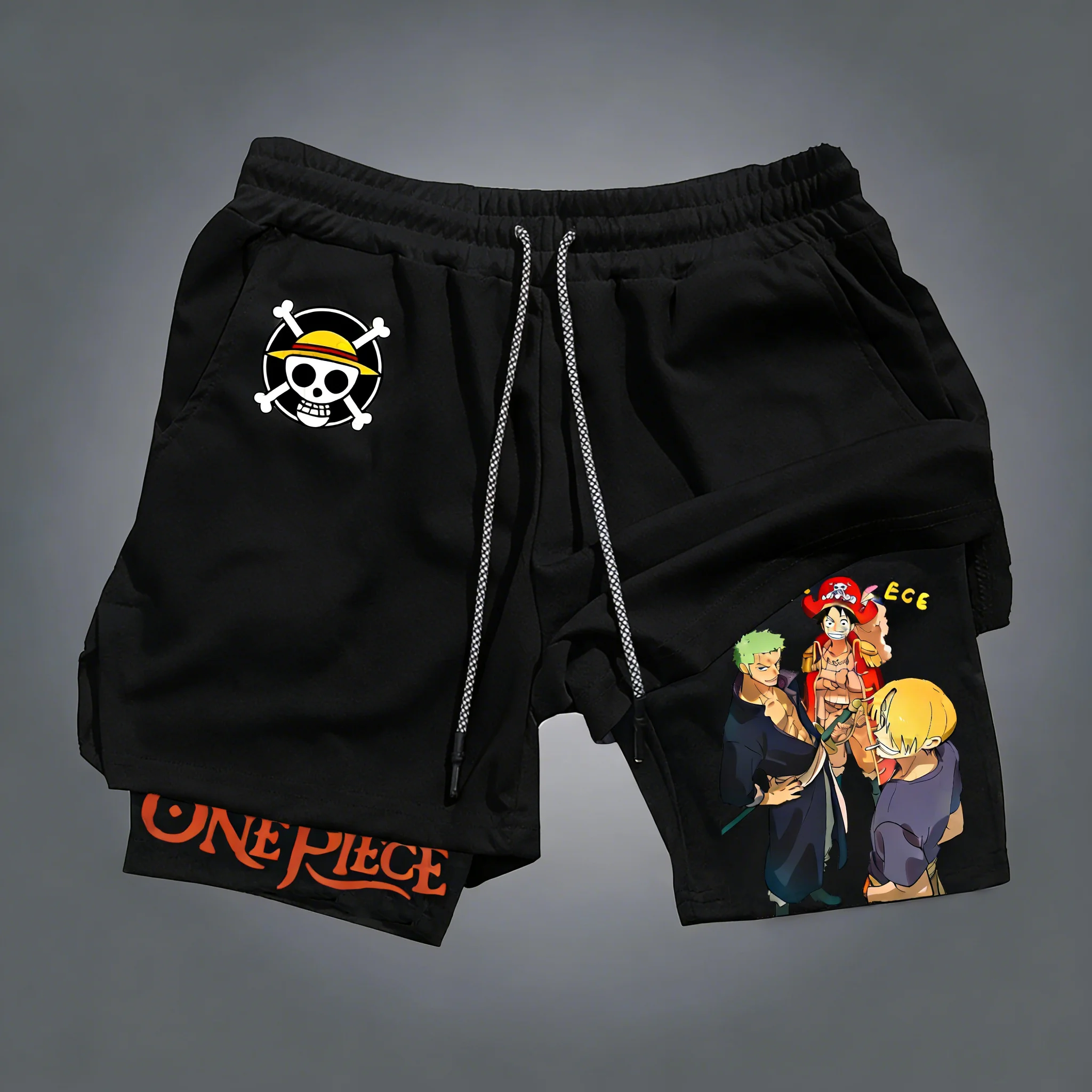 Bandai One Piece Luffy bedruckte doppellagige Shorts, lockere, schweißableitende und atmungsaktive Sportshorts für Herren und Damen im Sommer