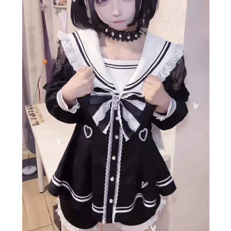 

Mine Themed Dresses Bear JK Uniform Set Sailor Collar Patchwork Waist Cinching Dress Slimming Lace Shorts Women Dresses Set New