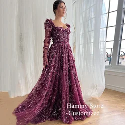 Luxury Shinny Lace Evening Dress for Wedding Party Customized Long Sleeves Square Neck Beading Flower A Line Dubai Prom Gown