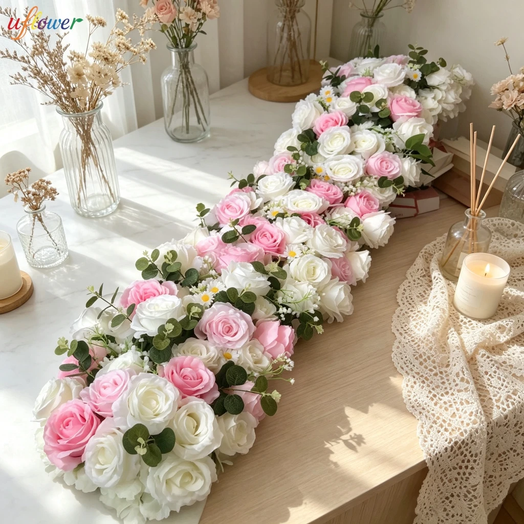 

Uflower 200CM Pink White Rose Green Plants Leaf Flower Row Wedding Backdrop Decor Floor Flower Runner Event Table Decor Props