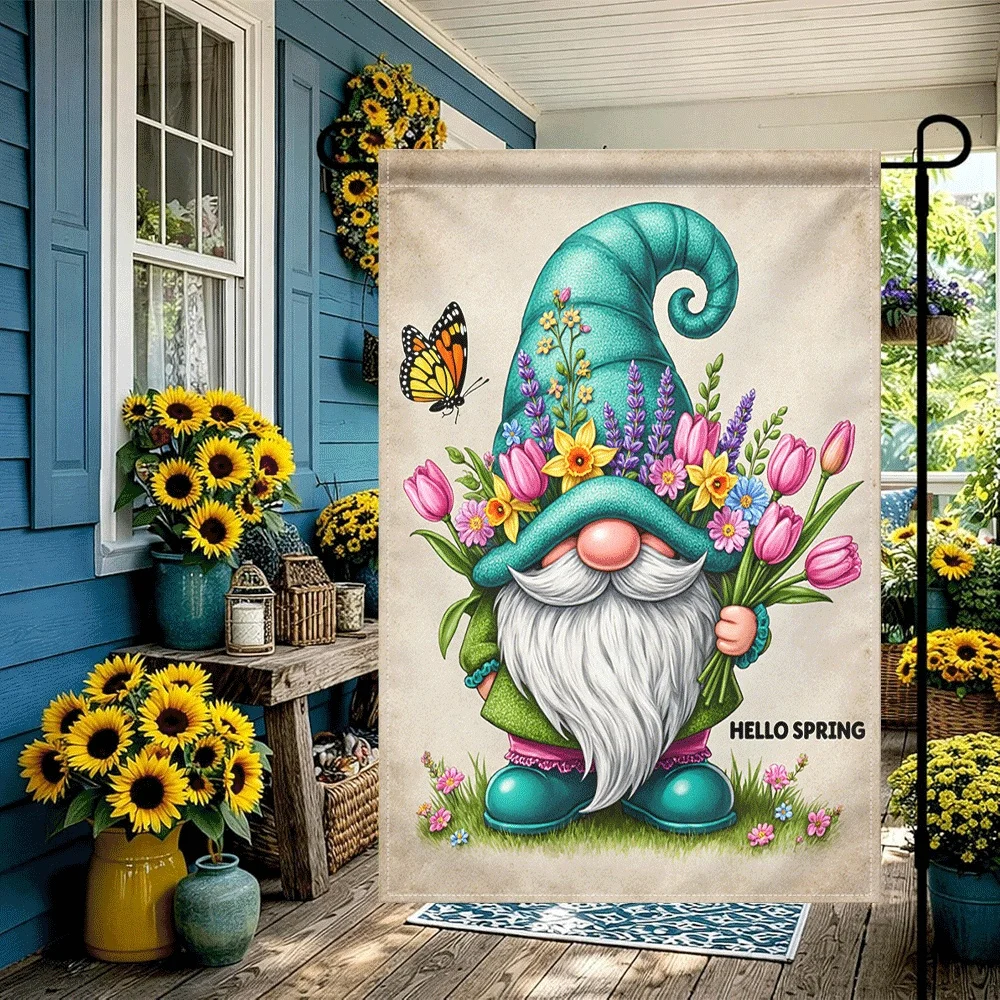 1PC Hello Spring Gnome Garden Flag, Double Sided Floral Gnome Yard Flag with Tulip Daffodil Lavender and Butte - Detail 1