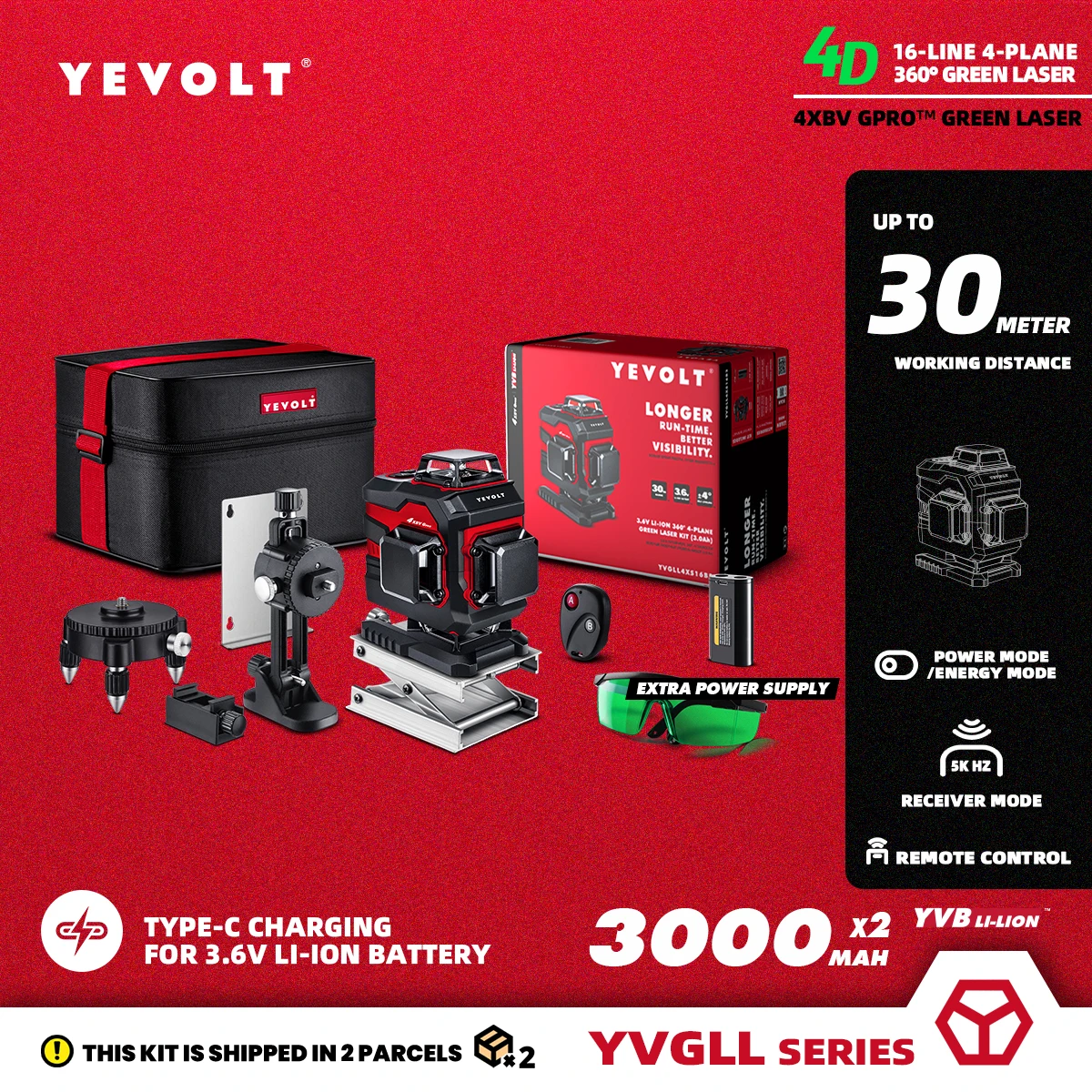 

YEVOLT YVGLL4XS16B2DP 4-Plane Green Beam Laser Level Kit 4D 16-Line 360 3.6V 3000mAh Self-Leveling Measuring Power Tools