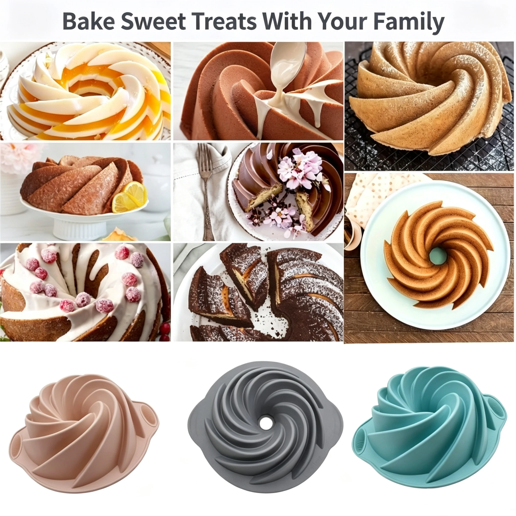 Anti-slip Double Handle Swirl Silicone Bundt Pan Hollow Spiral Cake Mold Heat Resistant Bakeware For Home Oven DIY Dessert
