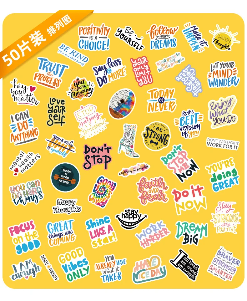 50pcs Inspirational Text Stickers English Slogan Scrapbook Sticker Design Pattern Materials Cute Student Learning Labels