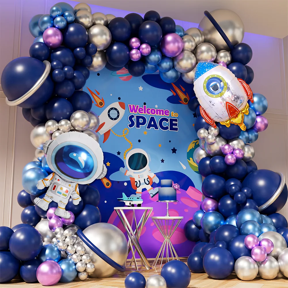 طقم إكليل بالونات الفضاء لرائد الفضاء مكون من 122 قطعة مع بالون من رقائق معدنية لرائد الفضاء لديكور حفلات أعياد الميلاد للأطفال