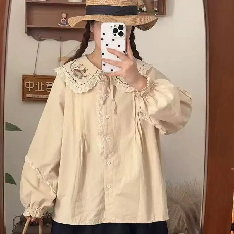 

Onalippa 2025 Lotus Leaf Edge Shirt Loose Lace Embroidered Doll Collar Exquisite Heavy Embroidery Base Shirt Layered Top Shirt